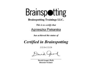 Certyfikat Brainspotting Agnieszka Piekarska Certified in Brainspotting David Grand 2026